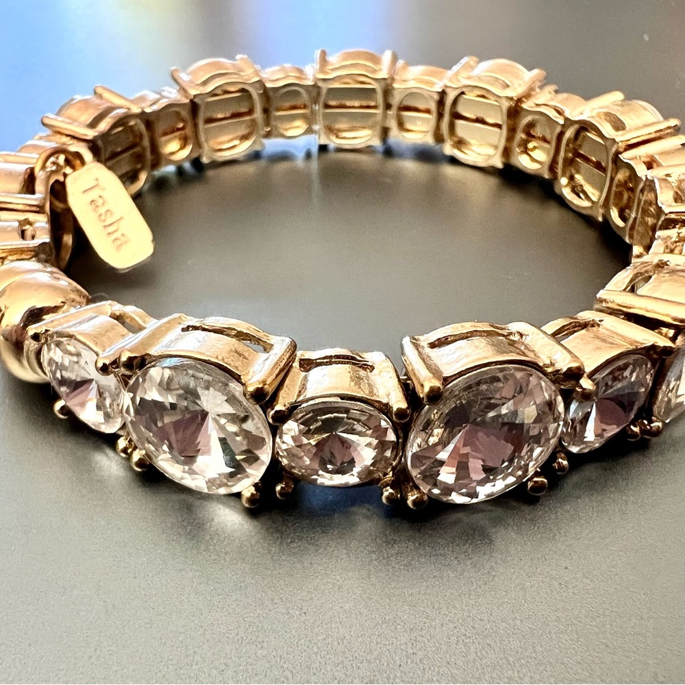 Tasha Rhinestone Hinged Bangle Bracelet with Magnetic Closure Gold Tone